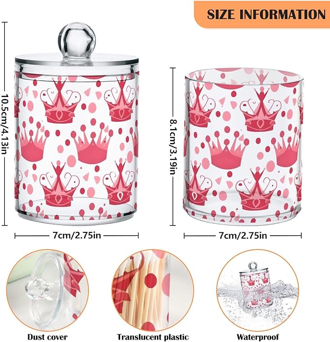 4 Pack Qtip Holder Dispenser Crown Pink Polka Dots Cotton Ball Swab Round Pads Floss Clear Bathroom Storage Containers Plastic Apothecary Jars with Lids