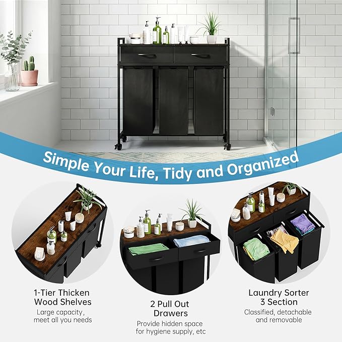 Laundry Sorter with 3 Section Pull Out Bags Rolling Laundry Basket Organizer with 2 Drawers Laundry Hamper with Shelves and Wheels for Laundry Room, Bathroom, Bedroom Organization (1 Tier)