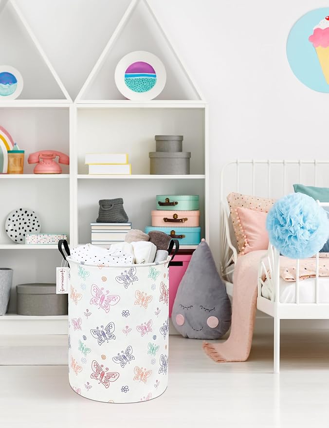 QUEENLALA Large Storage Basket,Laundry Hamper/Bathroom/Home Decor/Collapsible Round Storage Bin,Boys and Girls Hamper/Boxes/Clothing（Round-Colorful Butterfly）