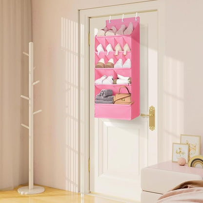 FENTEC 1 Pack Over-the-Door-Shoe-Organizers, Hanging Shoe Organizers with Large Pocket Shoe Holder Hanging Shoe Rack for Closet Shoes Organizer for Wall, Over Door Organizer with 15 Pockets Pink