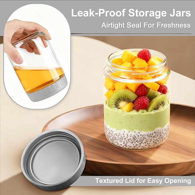 Overnight Oats Containers with Lids, 16oz Wide Mouth Mason Jars with Lids, 3 Pack Glass Jars with Airtight lid for Chia Pudding Yogurt Salad, Meal Prer Oatmeal Jars, Gray
