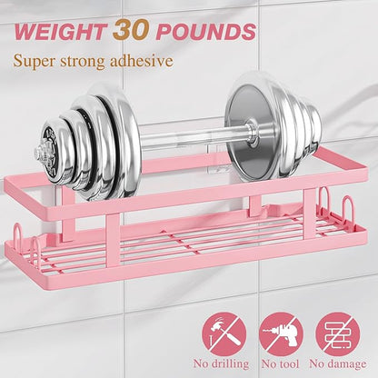 Youvip Adhesive Shower Caddy,Shower Shelves with Soap Holder and 12 Hooks,No Drilling Bathroom Organizer and Storage,Pink,3 Pack