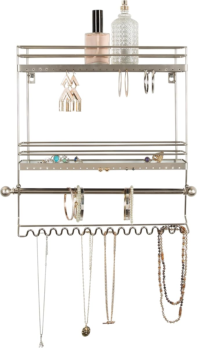 Home Details Wall Mounted Jewelry Organizer | Dimensions: 14.6"x 3.9"x 15.6" | 2 Tier Mirror | Home Organization | Great for Bracelets | Necklaces | Earrings | Mirror Based Shelf | Satin Finish