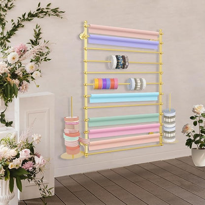 DYRABREST Wall Mounted Ribbon Organizer Rack, Metal Wrapping Paper Organizer Storage, Removable 12-Tier Hijab Organizer, 50lbs Load Capacity for Home, Craft Room, Flower Shop (Gold, 31.5 x 47.2 in)