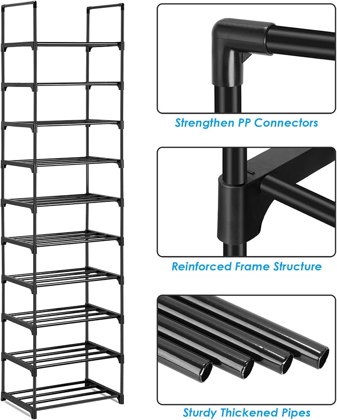 Phyllia 10-Tier Vertical Shoe Rack Organizer,Multipurpose Shoe Shelf Storage, Metal Storage Shelf, Black