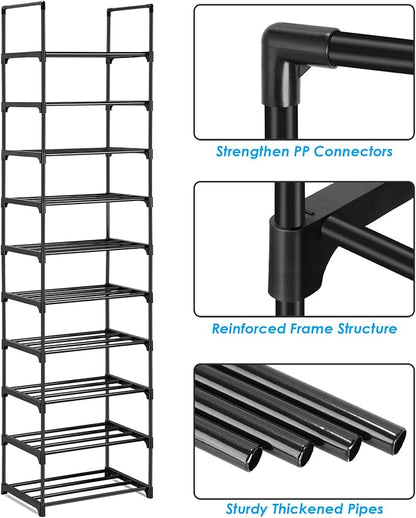 Phyllia 10-Tier Vertical Shoe Rack Organizer,Multipurpose Shoe Shelf Storage, Metal Storage Shelf, Black