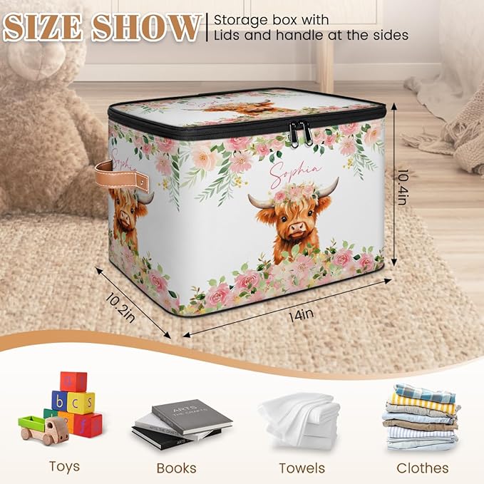 Custom Highland Cow Storage Bins with Lid, Foldable Personalized Storage Basket Boxes with Handle Pink Flower Shelf Basket Closet Organizer Cube
