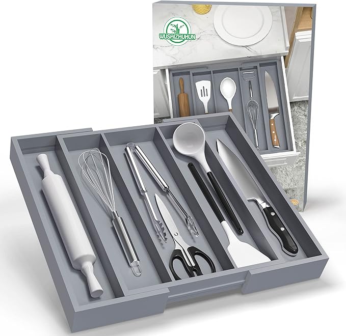 Large Kitchen Utensil Drawer Organizer - Expandable 5 Slots Cooking Utensil Organizer Multipurpose Silverware Organizer for Storage Repair Tools, Painting Tools W13.7"-19.9" x L17.6" X H2.5" (Grey)