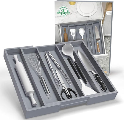 Large Kitchen Utensil Drawer Organizer - Expandable 5 Slots Cooking Utensil Organizer Multipurpose Silverware Organizer for Storage Repair Tools, Painting Tools W13.7"-19.9" x L17.6" X H2.5" (Grey)