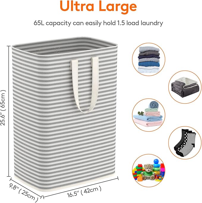 Lifewit 1 Pack Laundry Basket 65L Each, Collapsible Clothes Hamper with Reinforced Handles, Freestanding Waterproof Design for Bedroom and Laundry Room, Grey 65L Total