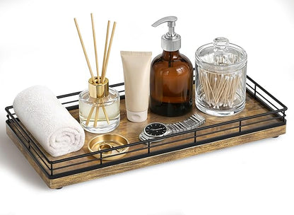 Bathroom Vanity Tray for Countertop, 12" x 6" Wood Toilet Tank Tray with Metal Guardrail, Bathroom Organizer for Soap, Perfume & Skincare, Non-Slip Decorative Tray for Dresser, Black & Rustic Brown