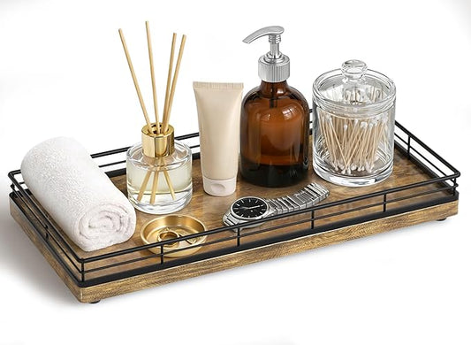 Bathroom Vanity Tray for Countertop, 12" x 6" Wood Toilet Tank Tray with Metal Guardrail, Bathroom Organizer for Soap, Perfume & Skincare, Non-Slip Decorative Tray for Dresser, Black & Rustic Brown