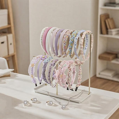Headband Holder Organizer Metal 2-Tier with Tray, Necklace Storage Hairband Rack Hair Accessories Display Stand Stand Home Bedroom College Dorm Decor for Girls Women (Gold)