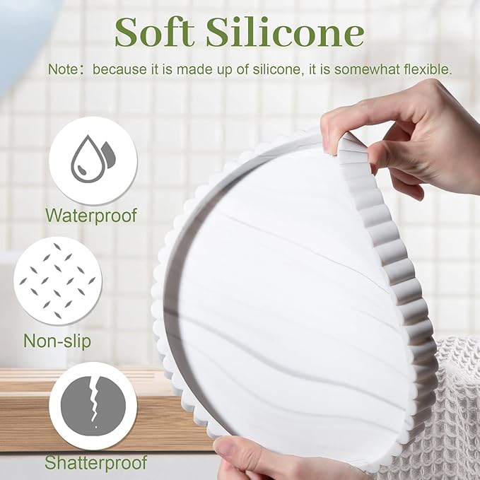 Round Bathroom Tray Silicone Kitchen Counter Decor Vanity Organizer Decorative Coffee Table Tray for Perfume, Candle, Soap Dish, 9 Inch, Marble
