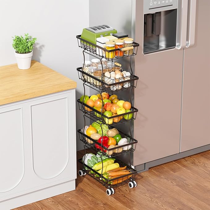 CHLORYARD 5 Tier Slim Fruit Basket for Kitchen, Stackable Wire Fruit Vegetable Storage Baskets Organizer Stand on Wheels, Metal Produce Basket Potato Onion Storage Bins Rack for Pantry, Black