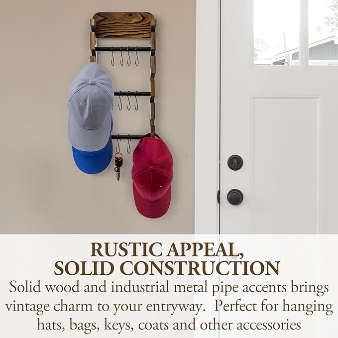 MyGift Baseball Cap Organizer Wall Mounted, Hat Display and Accessories Rack, Baseball Cap Holder with 10 Removable Hanging S-Hooks, Rustic Burnt Solid Wood and Matte Black Metal