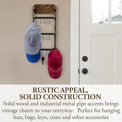 MyGift Baseball Cap Organizer Wall Mounted, Hat Display and Accessories Rack, Baseball Cap Holder with 10 Removable Hanging S-Hooks, Rustic Burnt Solid Wood and Matte Black Metal