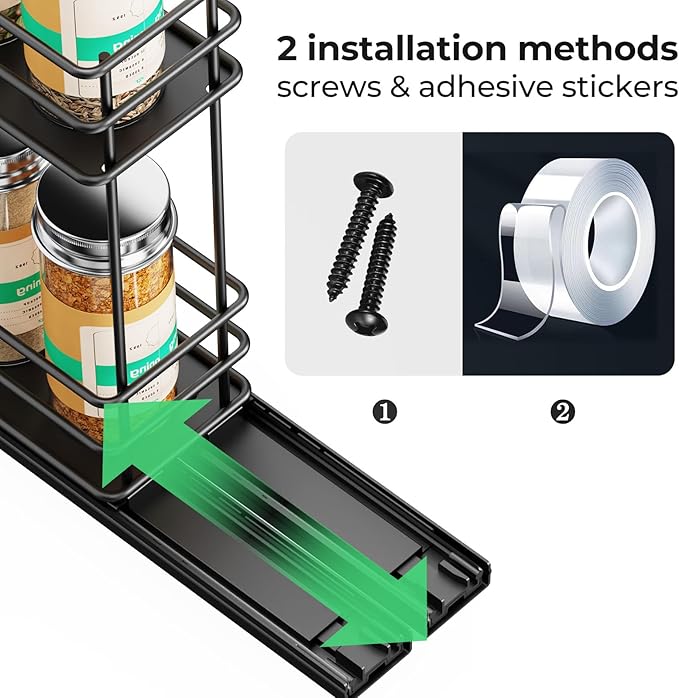 Mystozer Pull Out Spice Rack Organizer for Cabinet, Slide Out Spice Racks, Easy to Install Spice Cabinet Organizer, 2.5" Wx10.43 Dx8.26 H, 1 Drawer 2 Tiers（Black）