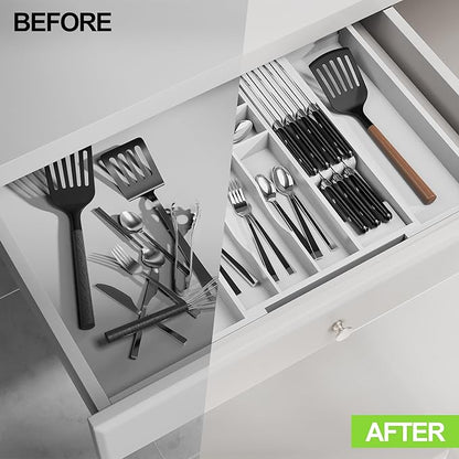 Bamboo Kitchen Drawer Organizer, Expandable Silverware Organizer with Removable Knife Block, 6-8 Slots- Utensil Holder & Cutlery Tray Drawer Dividers, 2.36" Deep for Extra Capacity, White