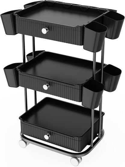 3 Tier Drawer Beauty Cart with 12 Movable Storage Organizer, Thickened ABS & 360° Wheels for Salon Station for Hair Stylist, Beauty Salon, Spa Massage Parlor, Makeup Organizer and More - Black
