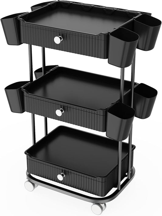 3 Tier Drawer Beauty Cart with 12 Movable Storage Organizer, Thickened ABS & 360° Wheels for Salon Station for Hair Stylist, Beauty Salon, Spa Massage Parlor, Makeup Organizer and More - Black