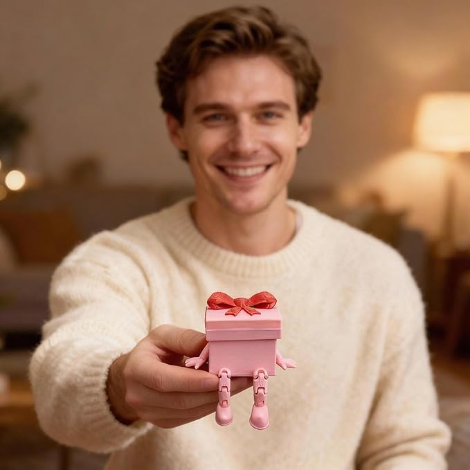 Cute Pink Gift Box Jewelry Box with Articulated Legs, 3D Printed Mini Decorative Storage Organizer for Valentine's Day, Birthday, Christmas