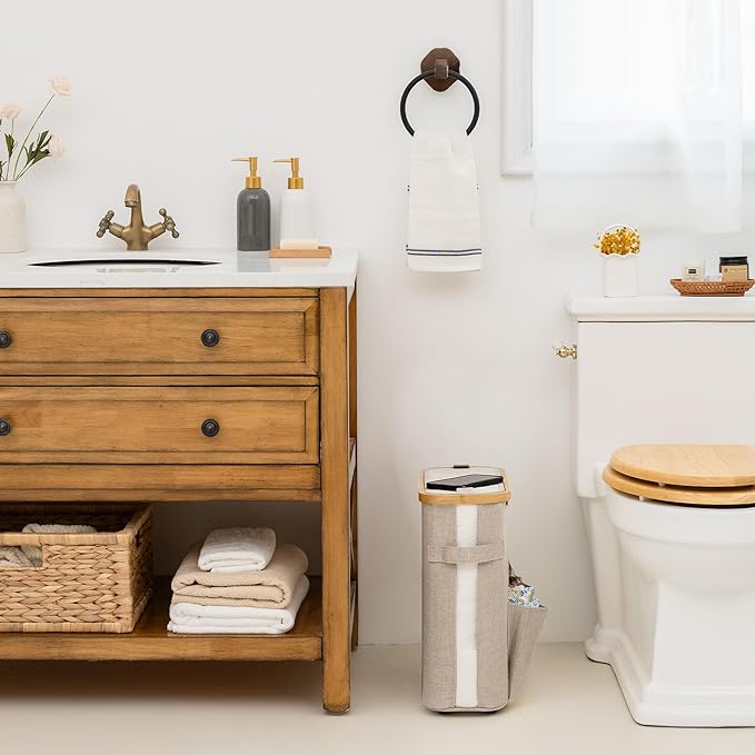 StorageWorks Toilet Paper Storage Baskets with Dual Flip Lids, Toilet Paper Organizer for Bathroom, Toilet Paper Container with Side Pocket, Holds 9 Mega or 12 Regular Rolls, Medium, Light Khaki