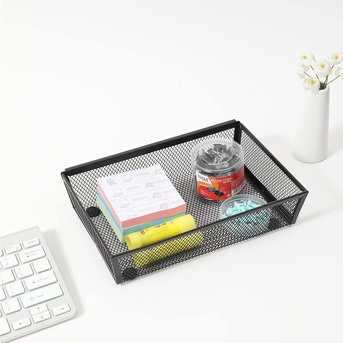 Mesh Tray Kitchen Drawer Utensil Cutlery Tray Office Supplies with Inter-locking Arm Drawer Dividers Organizer for Silverware, Flatware, Home,Office, School,Bedroom(9＂X6＂4pack) Black