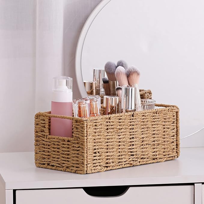 Vagusicc Wicker Storage Basket, Set of 2 Hand-Woven Paper Rope Wicker Basket, Small Storage Baskets for Organizing Toilet Paper, Foldable Large Cube Storage Organizer Bins for Shelves (Natural)
