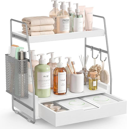 2 Tier Bathroom Counter Organizer Wood - Tiered Bathroom Countertop Shelf with Drawer, Removable Basket & 2 Hooks, Makeup Vanity Organizer for Skincare Perfume Toiletries, 13'' Silver