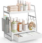 2 Tier Bathroom Counter Organizer Wood - Tiered Bathroom Countertop Shelf with Drawer, Removable Basket & 2 Hooks, Makeup Vanity Organizer for Skincare Perfume Toiletries, 13'' Silver