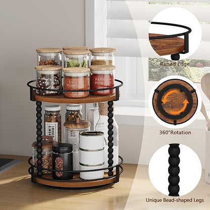 YINMIT Lazy Susan Turntable Organizer, 11.2" Rotating Spice Rack Organizer for Cabinet, Wooden 2 Tier Spinning Spice Rack for Kitchen Countertop, Table Top, Pantry, Bathroom, Brown