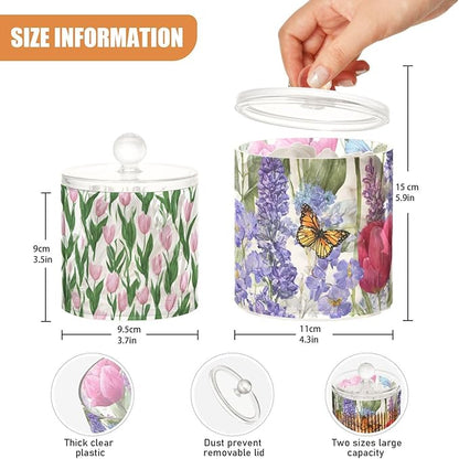 2 Pack Qtip Dispenser Apothecary Jars with Lids Cotton Round Holder Bathroom Canisters for Cotton Swab Floss Ball Pads Clear Plastic Decorative Tulips Lavenders Purple Butterfly