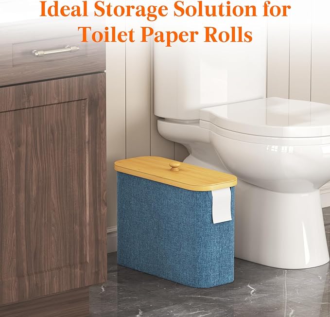 Lifewit Toilet Paper Storage Holder for 9 to 12 Rolls, Free Standing Toilet Paper Basket Stand with Bamboo Lid, Collapsible Fabric Bathroom Organizer Box for Mega Rolls, 23L, Large, Dark Blue