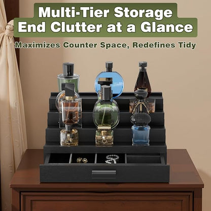 Perfume Cologne Organizer for Men: 4 Tier Wooden Perfumes Stand, Desktop Parfum Holder Wood Display Shelf with Cabinet, Bedroom Dresser Makeup Lotion Jewelry Storage Rack with Drawer
