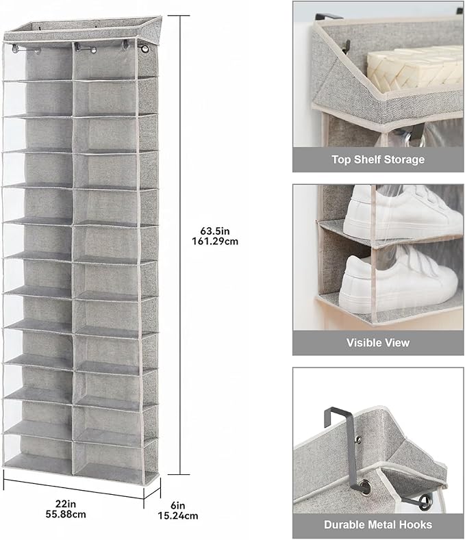 24-Tier Over the Door Shoe Organizer - Hanging Shoe Organizer & Shoe Rack, Polyester & Cotton Shoe Storage, Shoe Organizer for Closet, Space-Saving Over the Door for Bedroom Entry