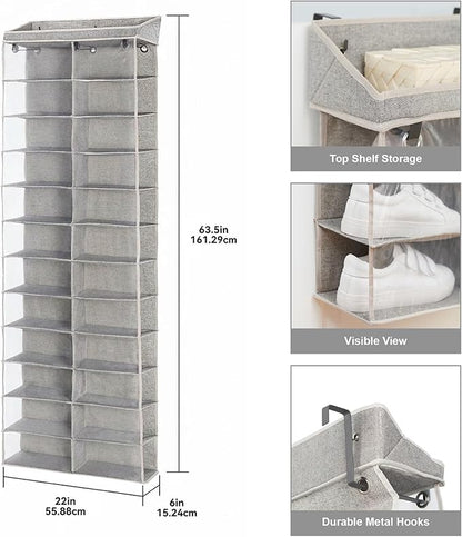 24-Tier Over the Door Shoe Organizer - Hanging Shoe Organizer & Shoe Rack, Polyester & Cotton Shoe Storage, Shoe Organizer for Closet, Space-Saving Over the Door for Bedroom Entry