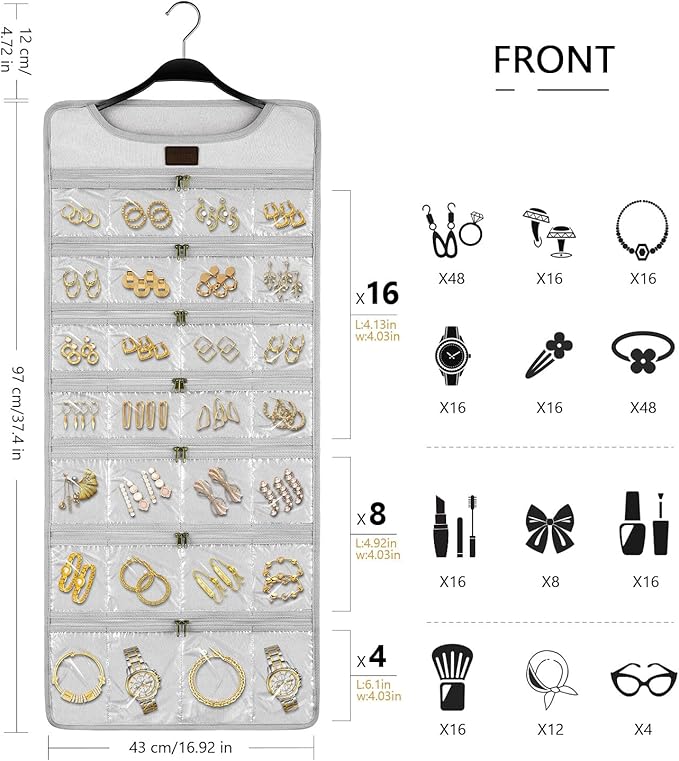 SMRITI Hanging Jewelry Organizer with Dual Zippered Pockets Canvas Double Sided Rotating Hanger Necklace Hanging Wall Organizer Earring Dustproof Holder Wall Mount Accessories Display Bag(Light Grey)