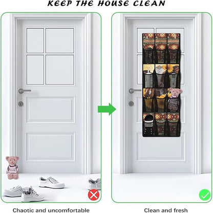 12-Pocket Over the Door Organizer, Transparent Mesh Compartments for Instant Visibility, Space-Saving Bathroom & Closet Storage,Aztec Cow