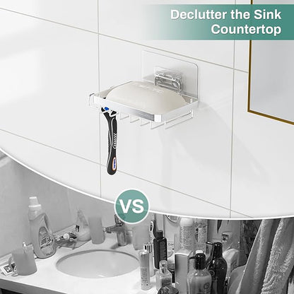 Bar Soap Holder for Shower, Adhesive Self Draining Shower Soap Bar Holder Dish Wall Mounted, Bathroom Soap Container Caddy Tray Saver Case Box for Loofah Razor Shampoo, Silver