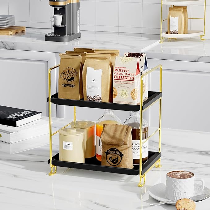 FSyueyun 2-Tier Bathroom Countertop Organizer, Tool-Less Installation Premium Plastics Makeup Shelf Organizer Perfume Skincare for Dresser Vanity Tray Organizers and Storage (Gold & Black)