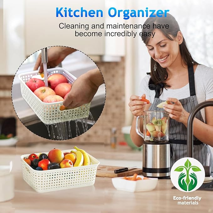 FUCDTEFC White Plastic Basket, 8 Pack Home Organization and Storage Baskets with Handles, Space Saving Woven Organizer Bins Plastic Storage Basket for Organizing Cabinets,Closets, Shelves, Countertops