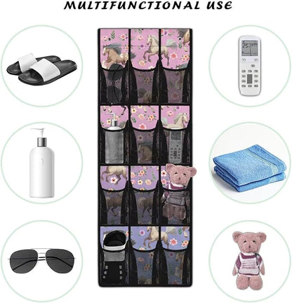 Flower Horse Over Door Organizer, 12 Compartment Breathable Mesh Hanging Shoe Rack, Waterproof Durable Door Hanger for Bedroom Closet & Dorm Room Storage