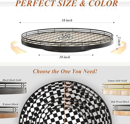 18" Black and White Kitchen Lazy Susan Turntable, Round Checkered Decorative Tray, Large Lazy Susan for Dining Table Centerpiece, Pantry, Kitchen, Bathroom, Countertop, Cupboard, Home Decor