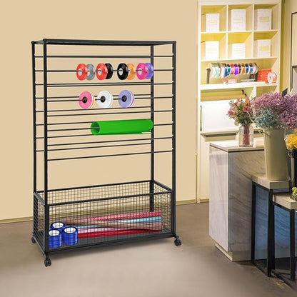 16-Tier Double-Sided Ribbon Holder Organizer Rack with Storage Basket & Wheels, Multifunctional Flower Wrapping Paper Display Stand for Craft Rooms, Flower Shops (Black, 39.37''W x 12.6''D x 59.06''H)
