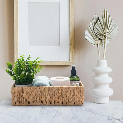 Wicker Toilet Tank Basket, Toilet Paper Basket for Back of Toilet Tank Top, Woven Water Hyacinth Bathroom Storage Basket for Organizing and Decor (14.2 x 6.5 x 3.7 inch)