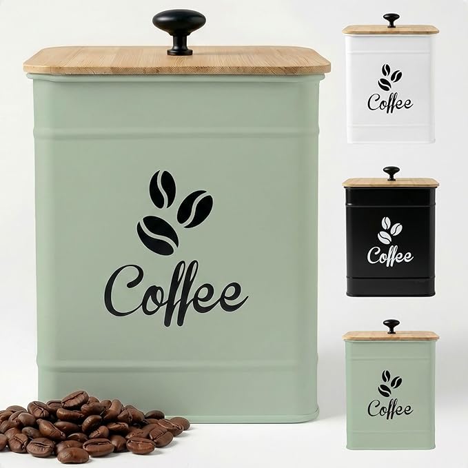 Airtight Coffee Canister - 40 oz Large Iron Sage Green Container Airtight - 6 x 8 inch Metal Jar - Stylish Countertop Container for Coffee Grounds, Beans & Pods with Rubber-Lined Bamboo Lid