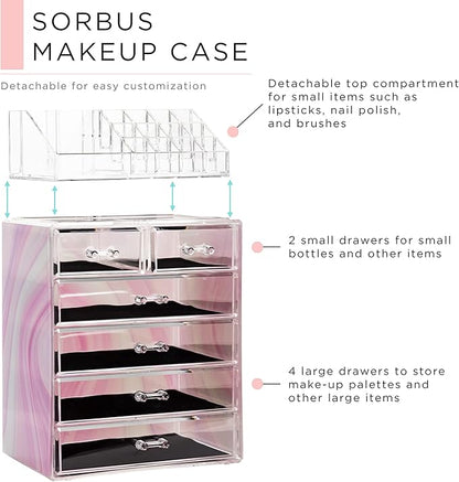 Sorbus Acrylic Makeup Organizer Set, 6-Drawer Vanity & Countertop Cosmetic Storage with Small & Wide Compartments, Tie Dye Makeup Storage for Brushes, Jewelry – Holiday Gift for Women & Teens