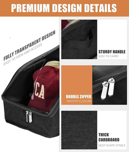 Livelab Hat Organizer for Baseball Caps, Hat Storage Holder Container for Closet Hold Up to 24 Caps with Clear Window, Hat Boxes for Home Storage | 2Pcs Black