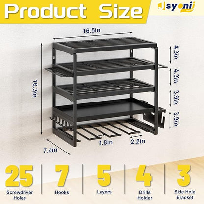 Power Tool Organizer, 5 Layer Drill Holders Wall Mount, Heavy Duty Metal Organizers and Storage Rack for Garage Organization, Tools Shelves with Screwdriver Plier Hammer Holder, Black